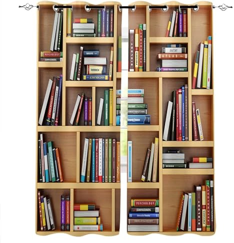 Vorhang Blickdicht Bücherregal Vorhänge Bunte Bücher Gardinen Wohnzimmer Schlafzimmer Verdunklungsvorhänge Thermovorhang 3D Druck Schallschutz Vorhang mit Ösen 2er set B 91.5 x H 214 cm a.8475