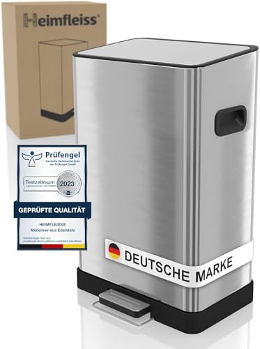 Heimfleiss® Mülleimer 50L Treteimer | Design Mülleimer Edelstahl Rechteckig | Moderner Abfalleimer mit Deckel für Küche | Großer 50 Liter Tretmülleimer geruchsdicht | Anti Geruch Küchenmülleimer groß