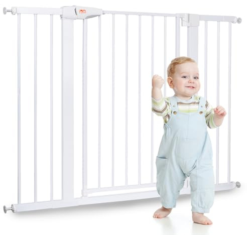 LAOYE Säkerhetsgrind 92 cm höjd utan borrning, dörrbarriär 75–124 cm med 3 förlängningar, barriär för bebisar och husdjur med automatisk stängning och 90° stopp, för barn, hundar, katter – vit
