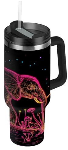Amooorous Boho Aesthetic - Botella de agua reutilizable al vacío con diseño de elefante rosa, portátil, con pajilla, resistente a fugas, taza decorativa para agua, té helado o café, vaso termo para