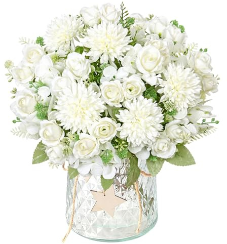 DEMIUKO Künstliche Blumen wie Echt Kunstblumen Weiß Hortensien Künstlich Rosen Blumenstrauß 2 Bündel Kunstrosen Seidenblumen Innen Künstliche Pflanzen für Hochzeit Partei Heim Küche Tisch Dekor