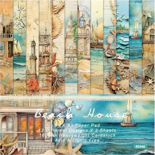 craspire 24 Blatt Scrapbook Papierblöcke Strukturiertes Dekoratives Bastelpapier Ozean Meer 6x6 Zoll Seestern Muschel Blume Kunst Junk Journal Für Planer Verpacken Gefaltete Karten Geschenkkarton DIY
