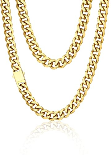 PROSTEEL Men Cuban Chain Necklace with Sturdy Clasp 6/9/12mm Width 18-30 Inch Length Chunky Necklace Silver/Gold Plated/Black 316L Stainless Steel Hip Hop Jewellery (Send Box)