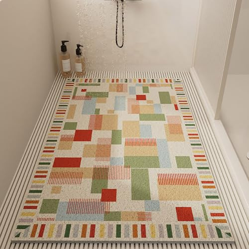 Tappetino Doccia Antiscivolo 50x70cm,Tappeto Doccia in Luffa,Tappeto Bagno Senza Ventose,Tappetino Vasca con Fori di Drenaggio,Motivo Geometrico B