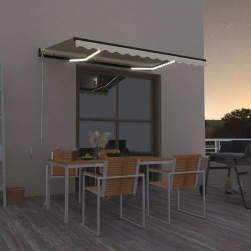 Brise Vue Balcon, Auvent Manuel rétractable avec LED 350x250 cm Jaune et Blanc, Brise Vue Balcon pour Balcon, terrasse et Jardin