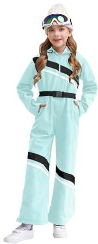 Monduelle Mono de esquí para niña, con cinturón, cremallera, capucha, resistente al viento, impermeable, verde claro, 122-128