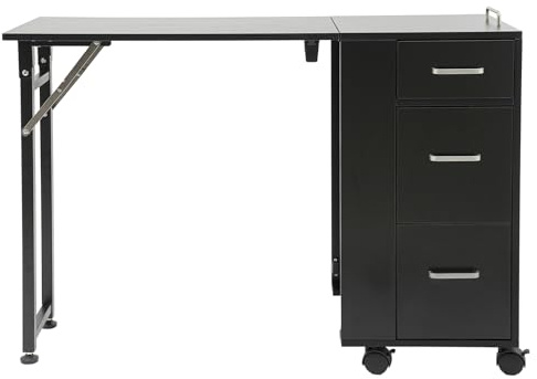 OUKANING Tavolo pieghevole per manicure con cassetti e vano portaoggetti, per salone e studio, pieghevole, regolabile in altezza, MDF/metallo, 104 x 38 x 75 cm (nero)