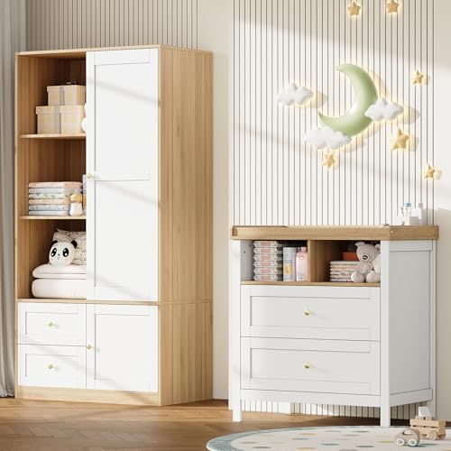 SUKY Kleiderschrank-Wickeltisch-Set, mit Schiebetüren, abnehmbarem Schutzgitter, Kleiderstange & Schubladen, Weiß & Holzoptik, 90×50×180cm + 82×50×90cm, Natur+Weiß