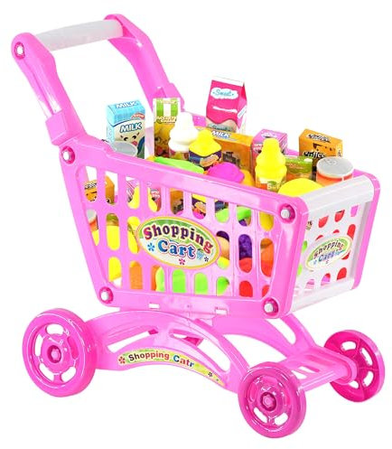 The Magic Toy Shop Kids Shopping Trolley Toy with Accessories - Pink, Pretend Play Food, Grocery Cart, Role Play Fun - Child's Shopping Trolley for Toddlers, Supermarket Toys for Learning