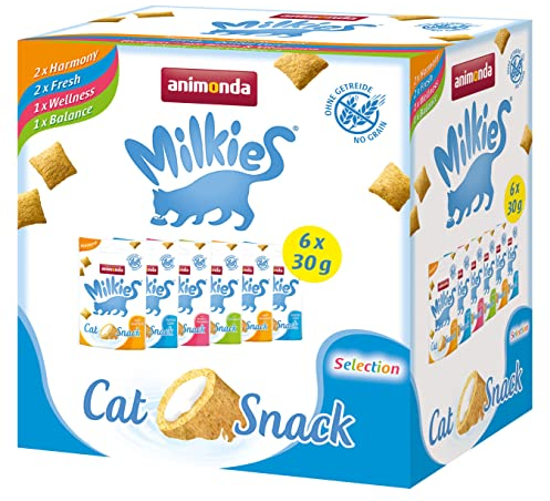 animonda Milkies Katzensnack mit Milch - Selection Mixpack (6 x 30g), getreidefreie Knusperkissen Milch Katzensnacks für erwachsene Katzen