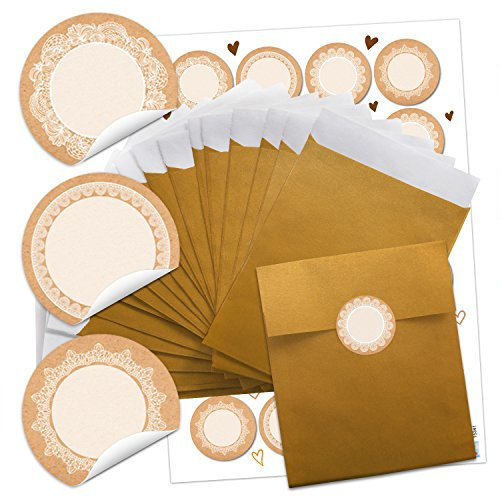 Logbuch-Verlag 24 kleine Papiertüten gold 13 x 18 cm mit Namensetikett zum Beschriften z. B. als Tischkarte oder Geschenktüte selbstklebende Sticker