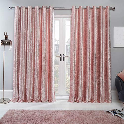 Sienna 2 Panel Crushed Velvet Curtain Eyelet Ring Top Pair of Fully Lined Curtains, Soft Luxury Light Blocking Curtains for Bedroom Living Room 66 x 72, Blush Pink