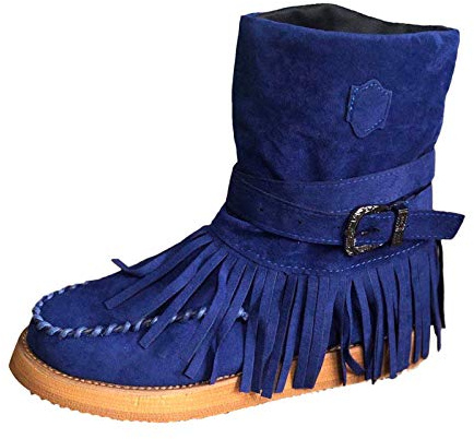 Stiefel Frauen Mode Casual Round Toe Retro Fransen Short Ankle Flat Schuhe (38,1Blau)