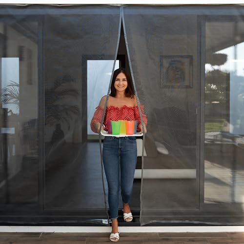 TRANQUILISAFE Moustiquaire Baie Vitrée Magnétique - Moustiquaire Aimantée avec 2 Ouvertures – Protection Anti Moustique (L 210 cm - H 216/224 cm)