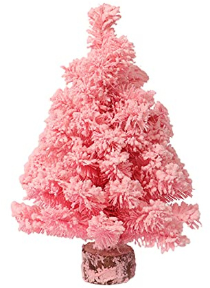 KHBNHJ Künstlicher Mini-Weihnachtsbaum mit Holzsockel, beflockt, 45 cm, Rosa