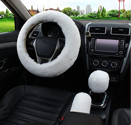 3 Stück Auto Lenkradhüllen,Universal Anti Rutsch Winter Fell Lenkradabdeckung Warme Plüsch Lenkrad Abdeckung Lenkradschoner Auto Zubehör Lenkradbezug Handbremse Getriebe Abdeckung Set,36-39cm Weiß