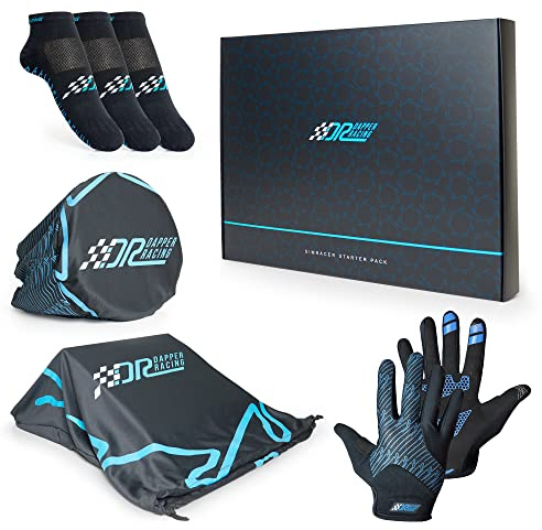 DAPPER RACING | SIMRACER Starter Pack | Guantes Compatibles con Pantalla + Tres Pares de Calcetines SIMRACING + Fundas para Volante y Pedales | Caja Negro Mate | Set para Regalo (L)