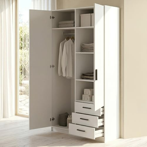 Dmora - Guardaroba 2 ante Mare, Mobile camera da letto, Cabina armadio portabiti, Armadio appendiabiti, 99x50 h200 cm, Bianco