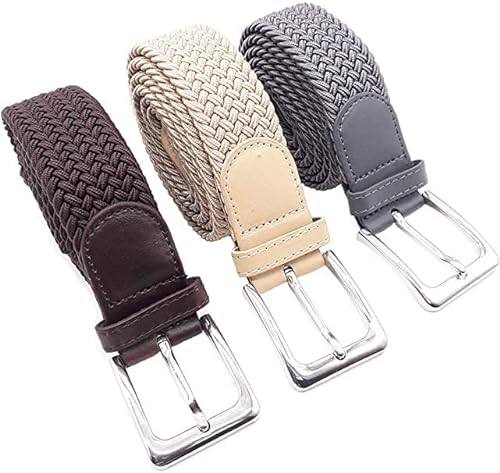 Matec 3 Stück Stretchgürtel mit 105 cm Gesamtlänge und 3,5 cm Breit elastisch geflochten u dehnbar 1 x Braun 1 x Beige und 1 x Grau.