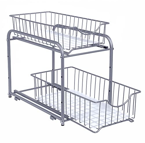 SONGMICS Organiseur de Cuisine, Étagère sous Évier, 2 Paniers Coulissants, Empilable, pour Rangement dans Placard, sous Lavabo, avec Tiroirs, pour Cuisine, Salle de bain, Argent KCS017E01