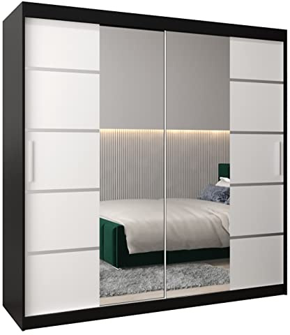 ABIKSMEBLE Verona 4 200 Armadio a Due Ante Scorrevoli per Camera da Letto - Armadio Moderno con Specchio, Appendiabiti e Ripiani - 200x200x62 cm - Nero Opaco + Bianco Opaco