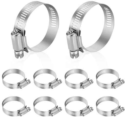 Hose Clamp, Stainless Steel Hose Clamps 1 1/4 Inch to 2 1/4 Inch, Large Adjustable Worm Gear Hose Clamps Assortment Kit Pipe Tool for Fuel Line, Plumbing, Automotive Mechanical, 10 PCS Hose Clamp Set