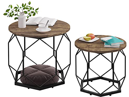 WOLTU Couchtisch 2er Set, Beistelltisch mit runder Tischplatte, Sofatisch mit hohlem Metallrahmen, Wohnzimmertisch mit Stauraum, aus Holzwerkstoff, Holzoptik Vintage + Schwarz, BTS05hov