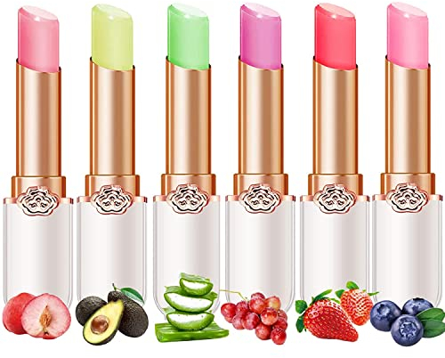 6 Packs Jelly Lipstick Set, Fruit Color Change Lip Balm Set, Peach Aloe Vera Strawberry Color Change Lip Balm, Long Lasting Moisturizer Lip Makeup Set (6PCS)