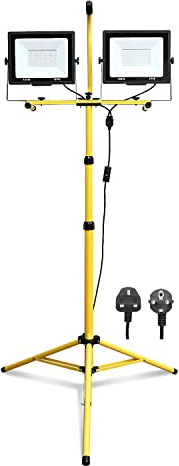 PICAA Tripod LED Work Light with Twin Head 200W Floodlight, 20000LM 220-240V Portable Indoor/Outdoor Lighting for Job Sites, Workshop, Garage, Construction, IP65 6000K