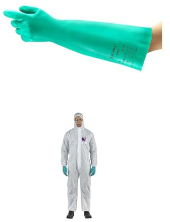 AlphaTec 37-185 Gants Protection Chimique, Très Résistant Liquides et Solvants, Vert, Taille L (1 Paire) +AlphaTec 1500 Model 138, Combinaison de Travail Jetable, Blanc, Taille XL (1 Pièce)