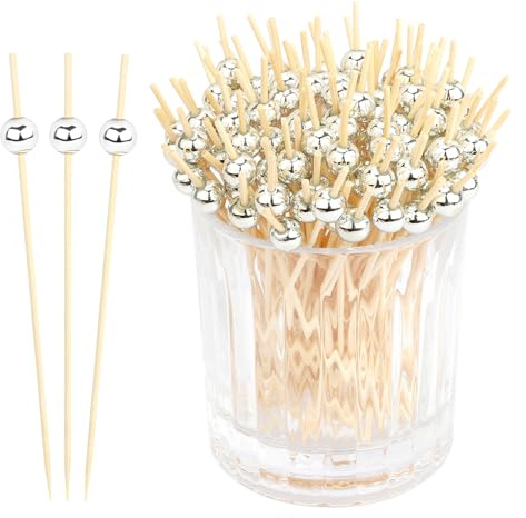 120pcs Cocktailspieße Fingerfood Spieße Burger Spieße Fingerfood Obst Spieß Zahnstocher Mit Silberperlen 12cm Cocktail Picks Lang Bambus Zahnstocher Für Vorspeisen Deko Spieße Holz Für Party