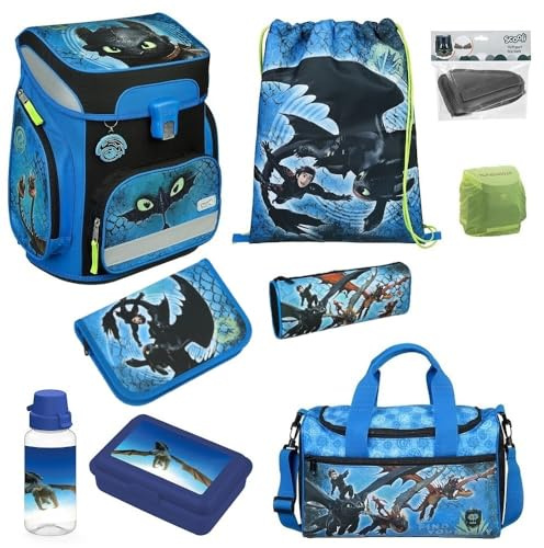 Familando - Scooli Campus Fit Schulranzen Set 9-teilig mit Sporttasche - Dragons Drachen - Ergonomisch, stabil & mit gepolstertem Rücken - 1000g leicht - 18L Volumen - Mit Reflektoren - Ab 1. Klasse