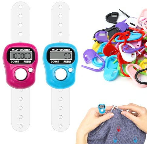 2 Elektronische Fingerzähler mit 50 Strickmaschenmarkierer Zufällige Farbe | Digitale Fingerzähler Zähler Klicker Mini Reihenzähler Stricken Häkel Verschlussclip Bunte Strickmarkierer Maschenmarkierer