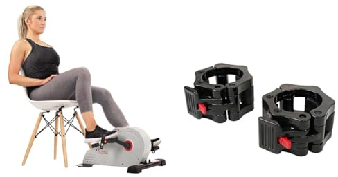Sunny Health & Fitness Magnetic Under Desk Pedal Exerciser, Dual Function Mini Exercise Cycle Bike + Locking Collar Clamps with Quick Release for Olympic Barbells for Pro Training