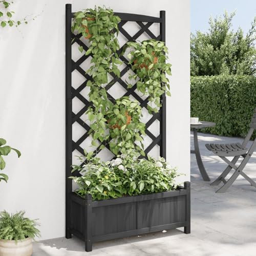 ZEYUAN Jardinière avec Treillis Noir Bois Massif de Sapin,Jardiniere sur Pieds,Bac avec Treillis,Jardiniere Terrasse