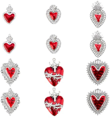 DICOSMETIC 12 Stück Rote Herzanhänger Legierung Emaille Anhänger Heiliges Herz Antiksilber Romantische Liebesanhänger Gothic Schmuckanhänger Für Heimwerker Bohrung: 1.5-2.5 mm