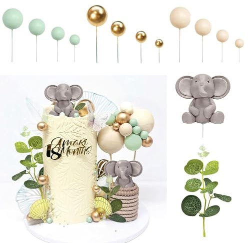 SURALIN 26-Pack Vert Sauge Mignon Bébé Éléphant Décoration de Gâteau Bébé Douche Sexe Révéler Fête Fournitures Deco Gateau Boules Deco Gateau Anniversaire