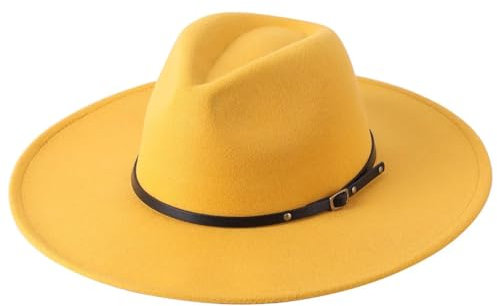 Pegsmio Warme Fedora-Hüte aus Wolle, breite Krempe, einfarbig, Jazz-Filzhut für Herren, Panama-Hüte, gelb, Einheitsgröße