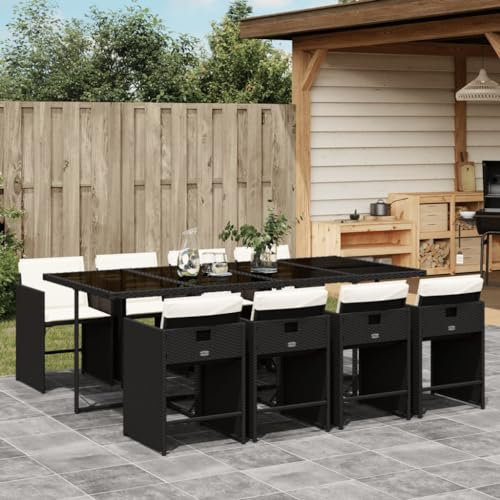 Gecheer 9-TLG. Garten Essgruppe 8 Personen, Rattan Gartenmöbel Set, Balkonmöbel Set, Garten Sitzgruppe, Gartengarnitur Set, Balkon Lounge, Gartentisch Set, Terrassenmöbel Set, Kissen, Schwarz