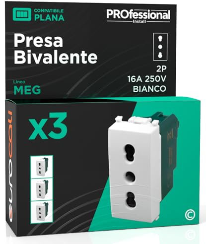 Presa Elettrica Italiana 2P+T Bivalente 10/16A 250V Compatibile con Vimar Plana Presa di Corrente Bipasso Pluristandard da Muro Frutti Elettrici Colore Bianco - Confezione da 3