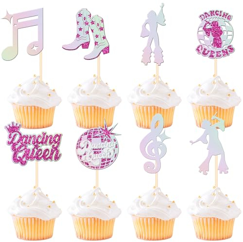Xsstarmi 24 Pack Dancing Queen Cupcake Toppers Glitter Music Note Singer Dancer Cupcake Picks Vintage 70s Disco Dancing Cake Decorations for Disco Ball Music Wedding Birthday Party Supplies Pink