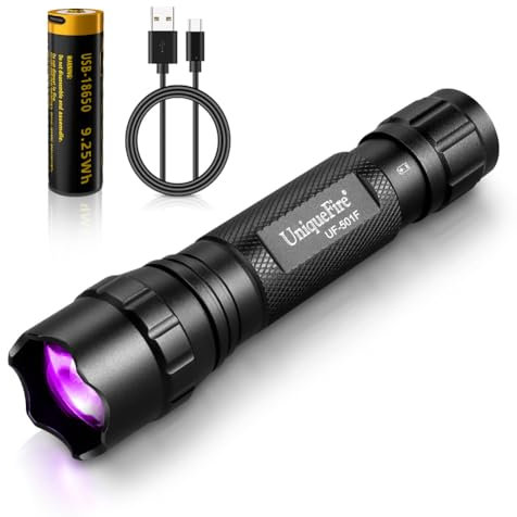 UniqueFire 501F 395nm UV-Taschenlampe, Einzelmodus, zoombar, Mini-Handlampe, leistungsstark, LED-UV-Taschenlampe, 395 nm Schwarzlichter für Harzhärtung, Haustierurin-Erkennung, Papierwährung usw