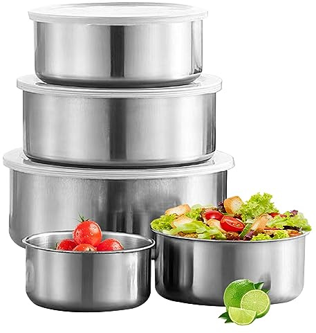 Rostfritt stål skål blandningsskål set 5 st rostfritt stål salladsskål med perfekt lock bakning häckningsskålar 0,3, 0,51, 0,82, 1,22, 1,7 L mångsidig serveringsskål i metall för köksförvaring och