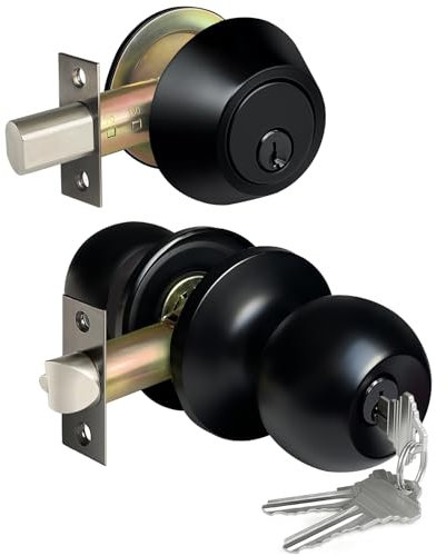 BESTTEN Pomo de puerta exterior con llave igual con cerradura y cerrojo de seguridad, todos con la misma llave, pomos de puerta de entrada negro mate con cerradura y llaves para entrada y puerta