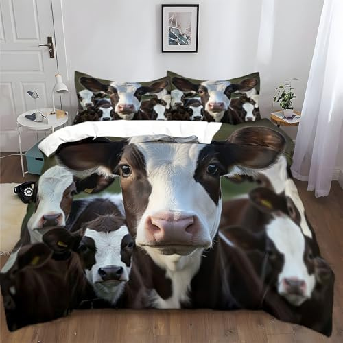 Bettwäsche-Sets 180x200cm Tiere Kühe Bettwäsche 3 Teilig, Weich Atmungsaktiv Polyester-Baumwolle Bettbezug Set mit Reißverschluss, 2 Kissenbezüge 80x80 cm