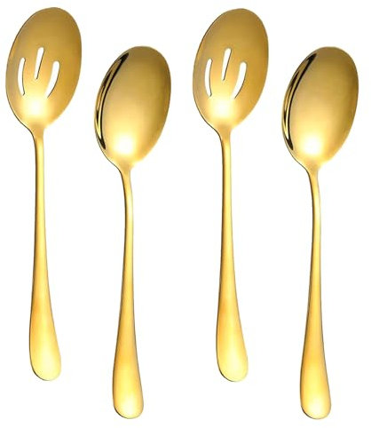 4-teiliges Servierlöffel-Set, enthält 2 Servierlöffel und 2 Schlitzlöffel, 22,6 cm Edelstahl-Buffet-Buffet-Bankettlöffel, Servierutensilien-Set für Partys, Gold