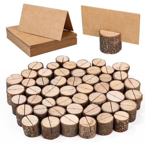Bixury 50 Pcs Porte Noms de Table Porte-Cartes en Bois Porte-cartes de Table Rustique en Bois Stands Cercle avec 50 Papiers Kraft Porte-photo pour Les Décorations de Mariage et Les Fêtes (50)