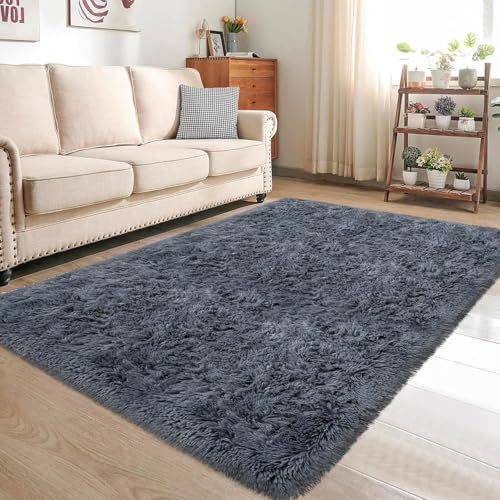 HOKXUAN Hochflor Teppich Wohnzimmer 80 x 100 cm Anti-Rutsch Unterseite, Soft Flauschig Fellteppich Kunstfell Modernes Einfarbiges Design Fürs Wohnzimmer, Schlafzimmer, Dunkelgrau