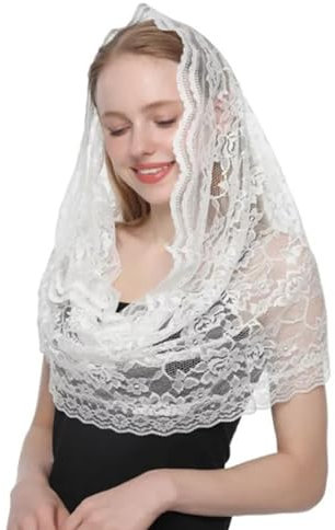 Lodoot Eleganter Mantilla-Schleier, katholisches Kopftuch, Brautschleier, Kopftuch, Vintage-Blumenschleier, Hochzeitszubehör, Vintage-Schal, Blumenschleier