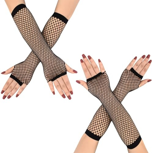 ZYWQ 2 Pairs Fishnet Gloves Women's Mesh Fingerless Gloves for 80s Costume Theme Party, Black, Long